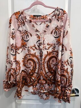 Kobi Halperin Pink and Orange Paisley Ruffle V-Neck Blouse